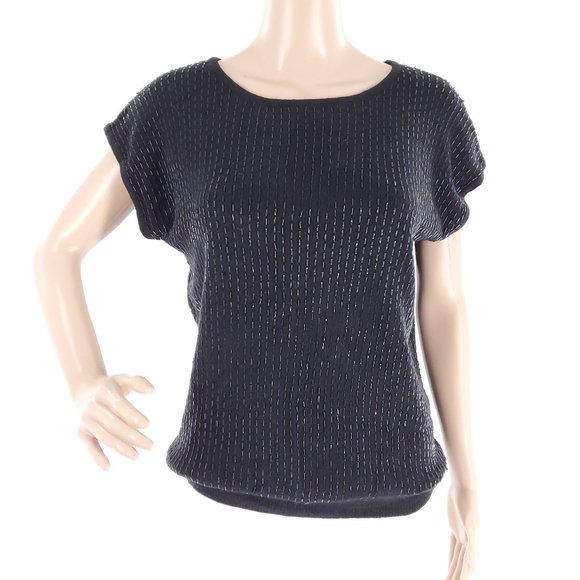Nordstrom Women Top Sweater Knit Beads Wool Angora Blend Short Sleeves Black S - Picture 1 of 8